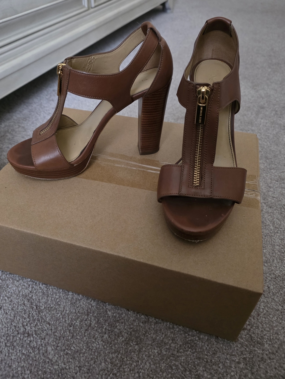 MK Women’s Brown Leather High Heel Sandals with Front Zip